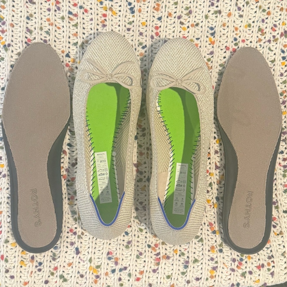 Rothy’s Platinum Metallic Bow Ballet Flats Size 10